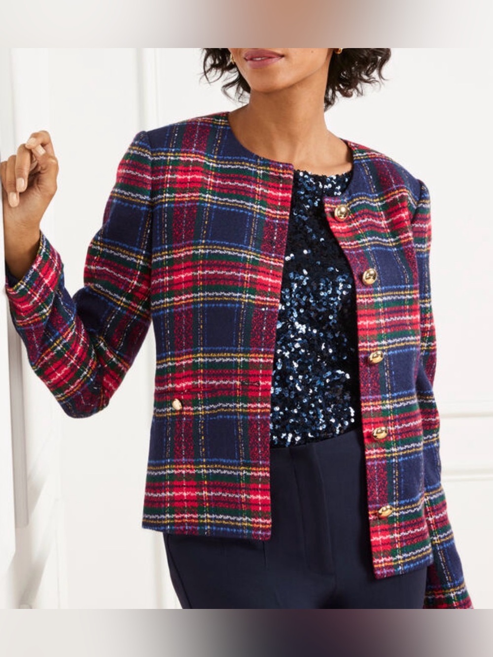 Talbots Tweed Red & Navy Plaid Button Jacket Gold Buttons Lined Women’s Size 12